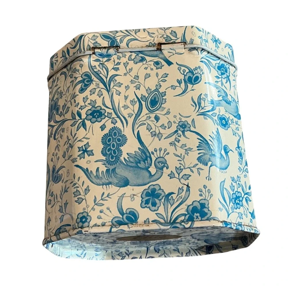 Vintage Elite Tin Toile Trinket Box Blue White Floral Bird Gift French Country